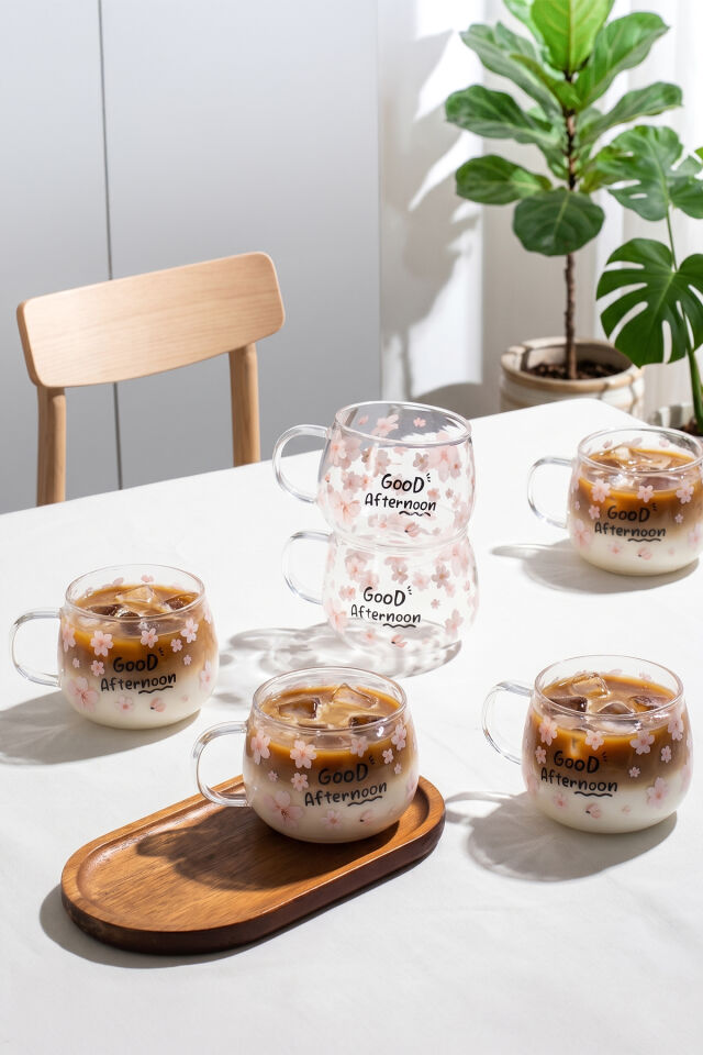 Porsima 2089 6lı Borosilikat Isıya Ateşe Dayanıklı Cam Kulplu Çay Bardağı Kahve Bardak Kupa Sarı 400 ml