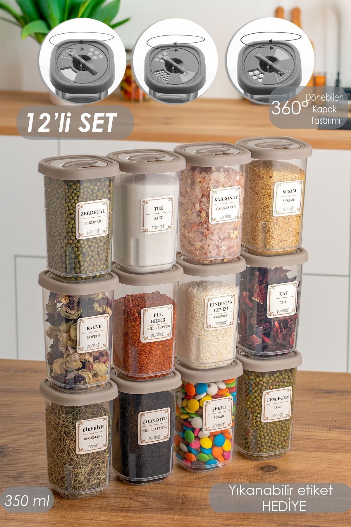 Porsima 1061 12li Kilit Kapak Etiketli Baharatlık Seti-baharatlık-saklama Kabı-350ml Cappuccino