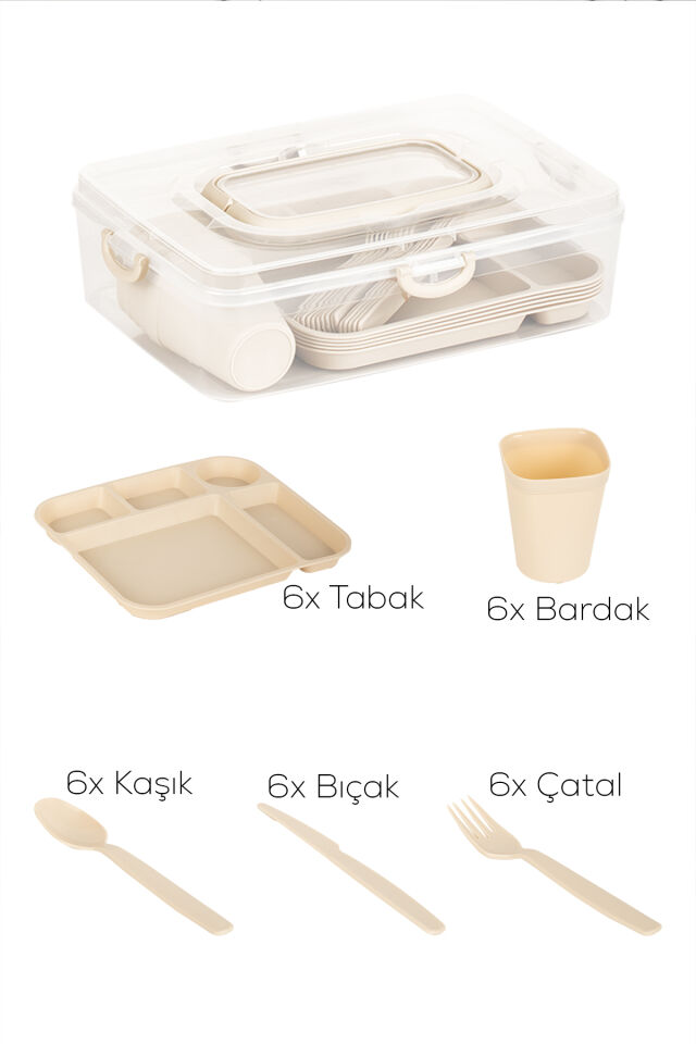 Porsima AC-101 32 Parça 6 Kişilik Pratik Taşınabilir Piknik Seti - Saklama Kutulu Piknik Sepeti Krem