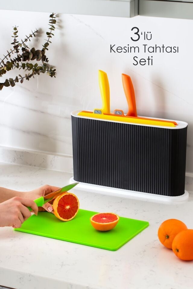 Porsima 1075 Standlı Bıçaklı Çoklu Kesme Doğrama Tahtası Seti - Standlı Kesim Panosu- Siyah-beyaz