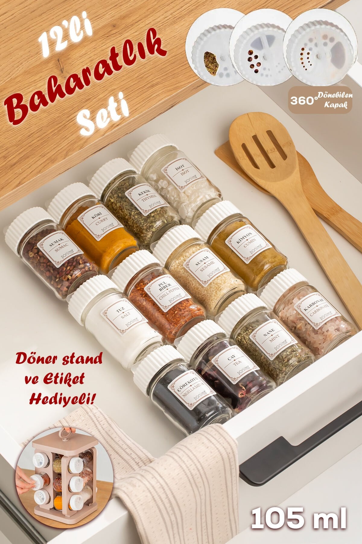 Porsima 1078 12'li Dönerli Kapaklı Cam Baharatlık Seti -cappuccino Beyaz