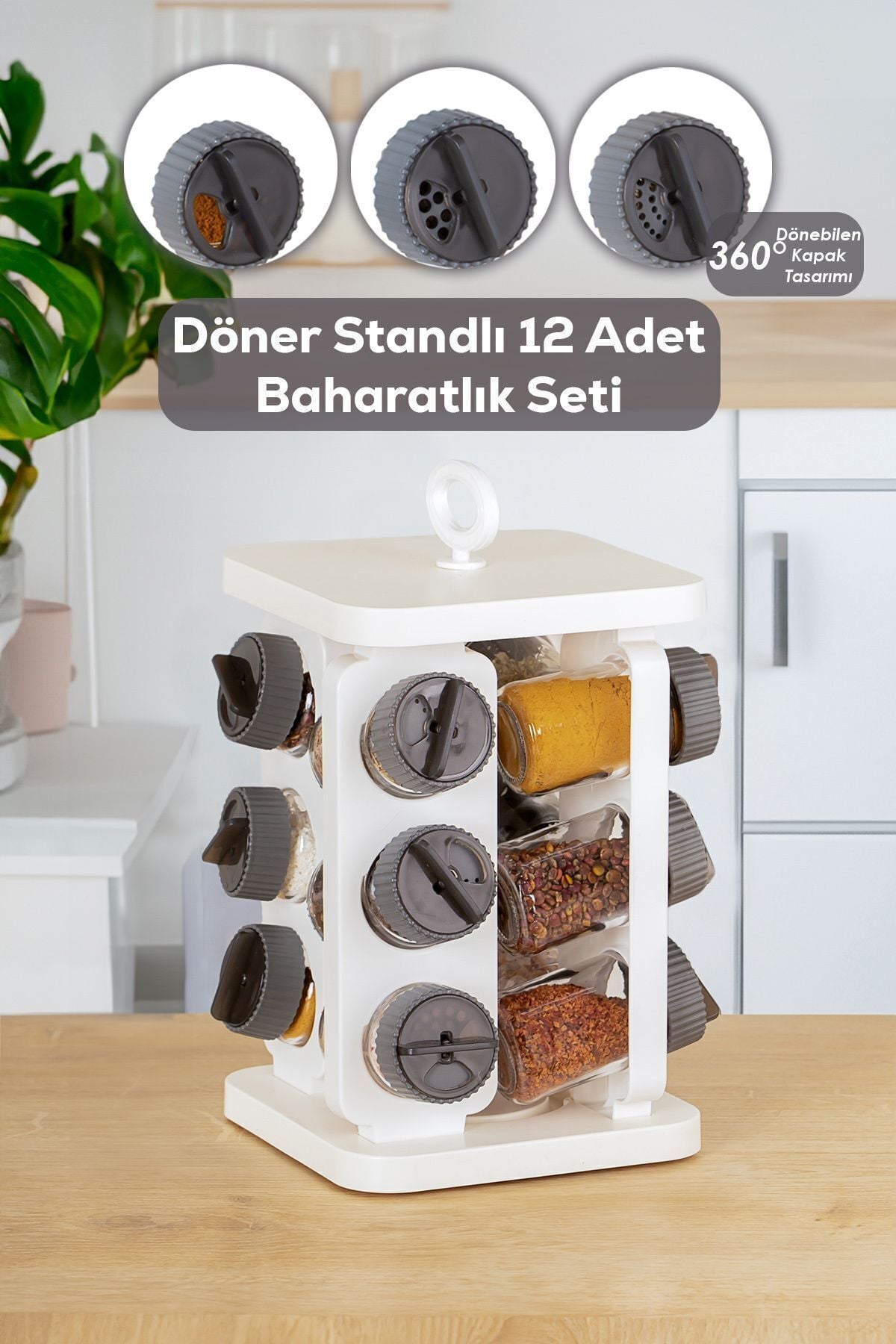 Porsima 1081 Kare Dönerli Standlı Döner Kapaklı 12'li Cam Baharatlık Seti-beyaz Antrasit