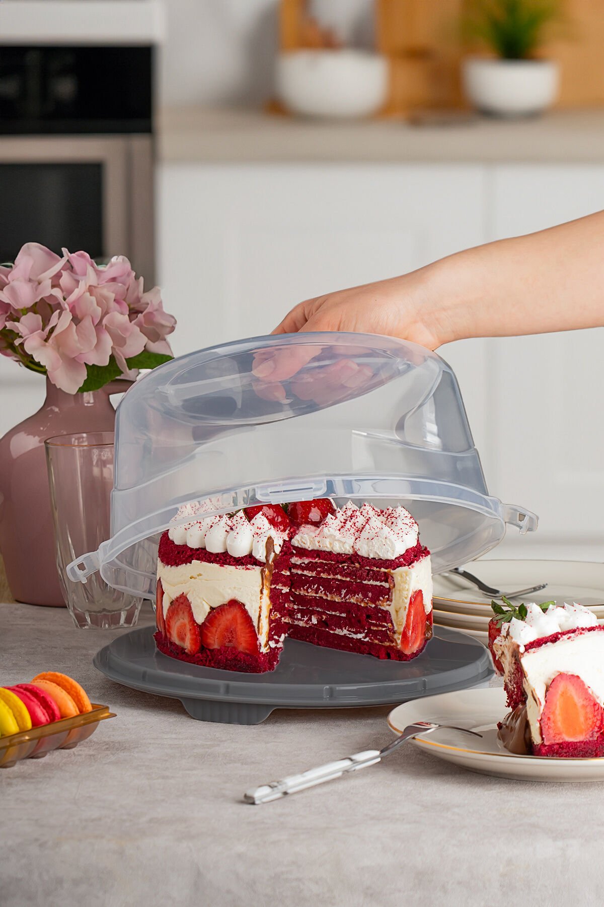 Porsima 1091 Yuvarlak Kek Pasta Börek Saklama Kabı - Kilitli Kapaklı Taşıma Fanusu 25 cm Antrasit