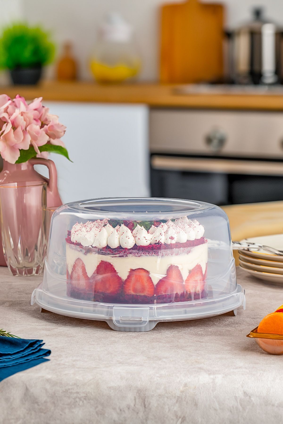 Porsima 1093 Yuvarlak Kek Pasta Börek Saklama Kabı - Kilitli Kapaklı Taşıma Fanusu 25 cm Gri