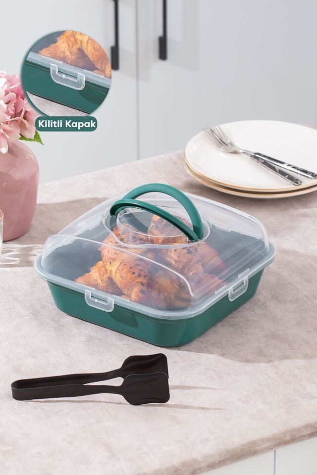 Porsima 1094 Pasta Kek Börek Kabı - Taşıma çantası - Kilitli Fanus Yeşil