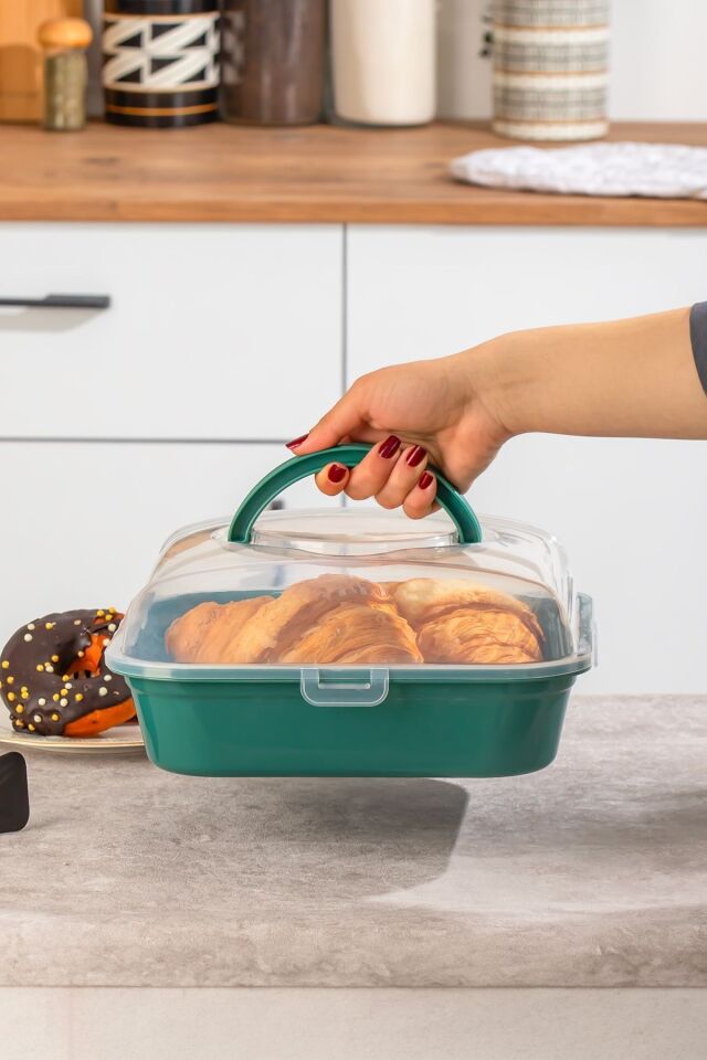 Porsima 1094 Pasta Kek Börek Kabı - Taşıma çantası - Kilitli Fanus Yeşil