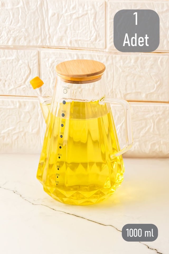 Porsima 86 Bambu Kapaklı Vakumlu Borosilikat Yağdanlık 1000ml Cam Yağlık Sirkelik