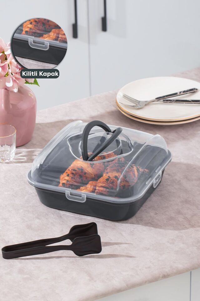 Porsima 1094 Pasta Kek Börek Kabı - Taşıma çantası - Kilitli Fanus Antrasit
