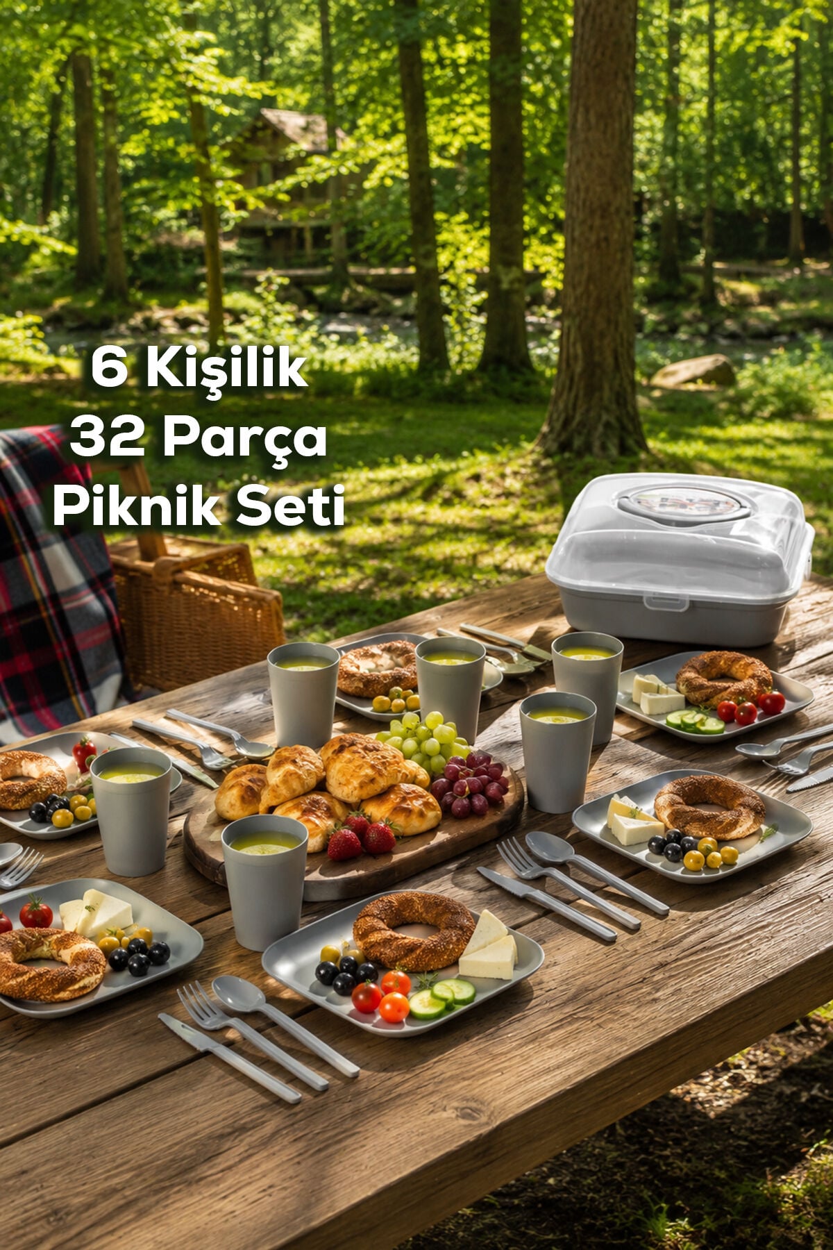 Porsima 0039 Karizma 32 Parça 6 Kişilik Pratik Taşınabilir Piknik Seti - Saklama Kutulu Piknik Sepeti Gri