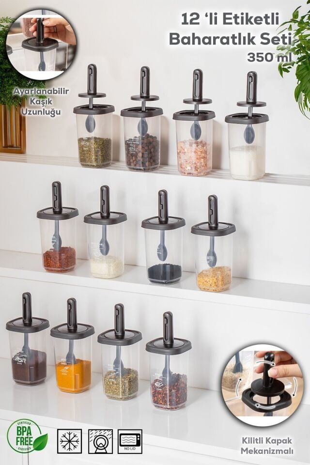 Porsima 1097 12'li Kaydırmalı Kendinden Kaşıklı Sızdırmaz Kapaklı Etiketli Baharatlık Seti - Saklama Kabı Antrasit