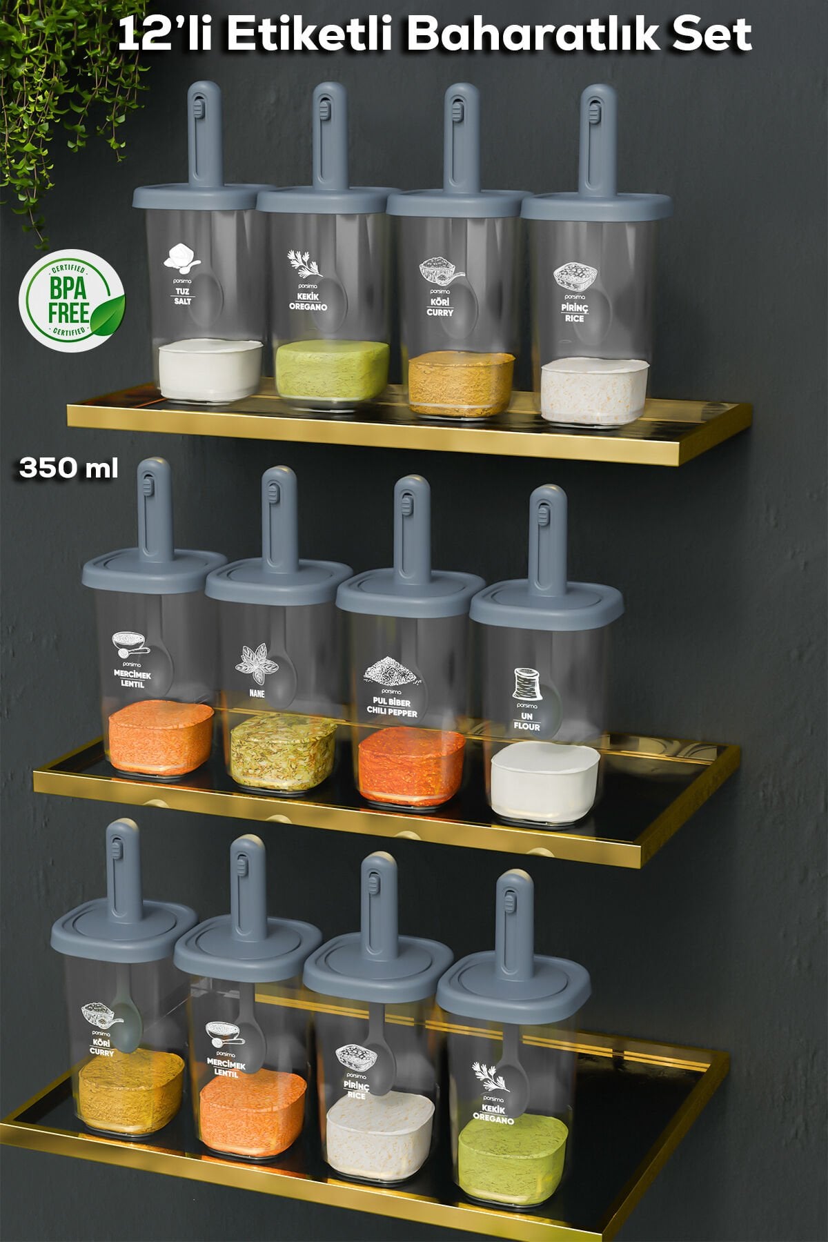 Porsima 1097 12'li Kaydırmalı Kendinden Kaşıklı Sızdırmaz Kapaklı Etiketli Baharatlık Seti - Saklama Kabı Antrasit