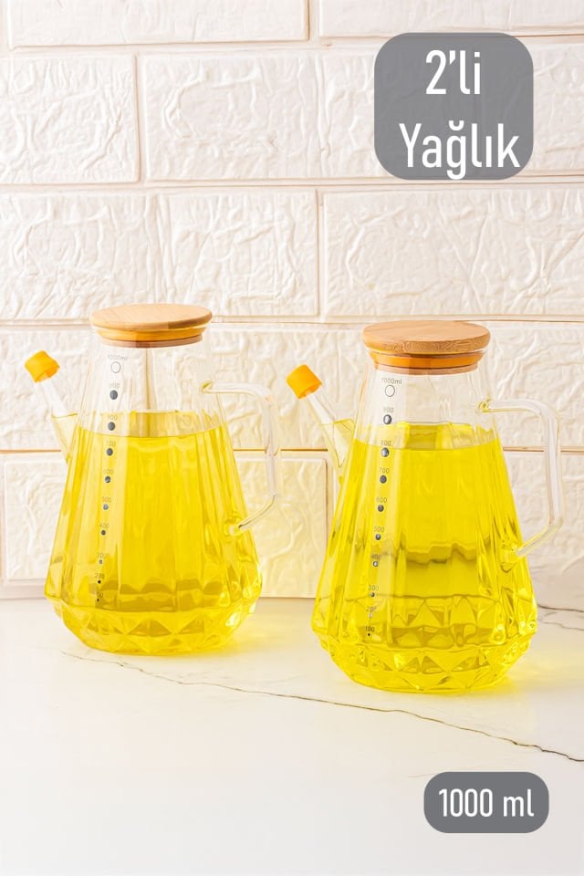 Porsima 86 2'li Bambu Kapaklı Vakumlu Borosilikat Yağdanlık 1000ml Cam Yağlık Sirkelik