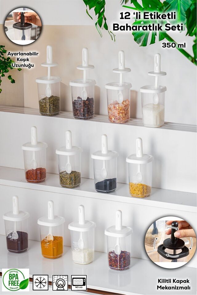 Porsima 1098 12'li Kaydırmalı Kendinden Kaşıklı Sızdırmaz Kapaklı Etiketli Baharatlık Seti - Saklama Kabı Beyaz