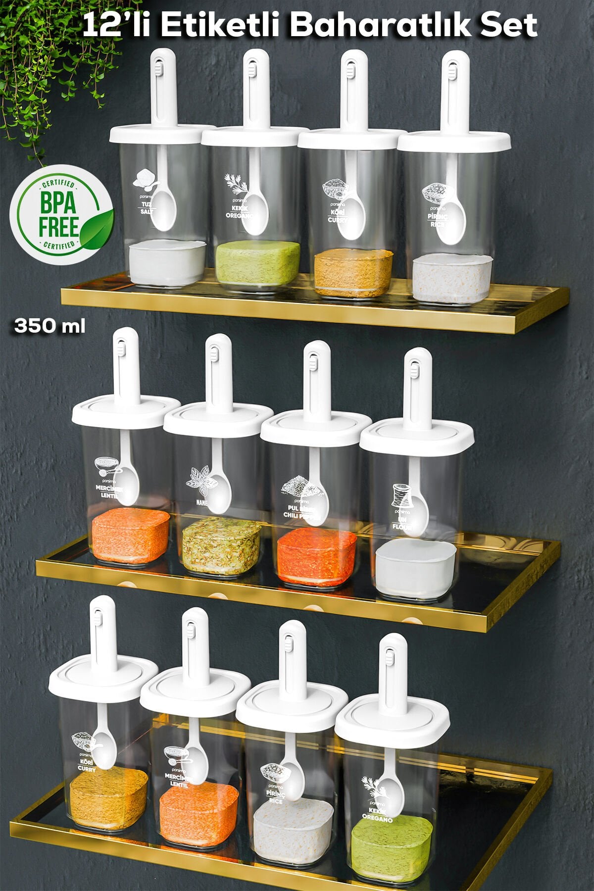 Porsima 1098 12'li Kaydırmalı Kendinden Kaşıklı Sızdırmaz Kapaklı Etiketli Baharatlık Seti - Saklama Kabı Beyaz