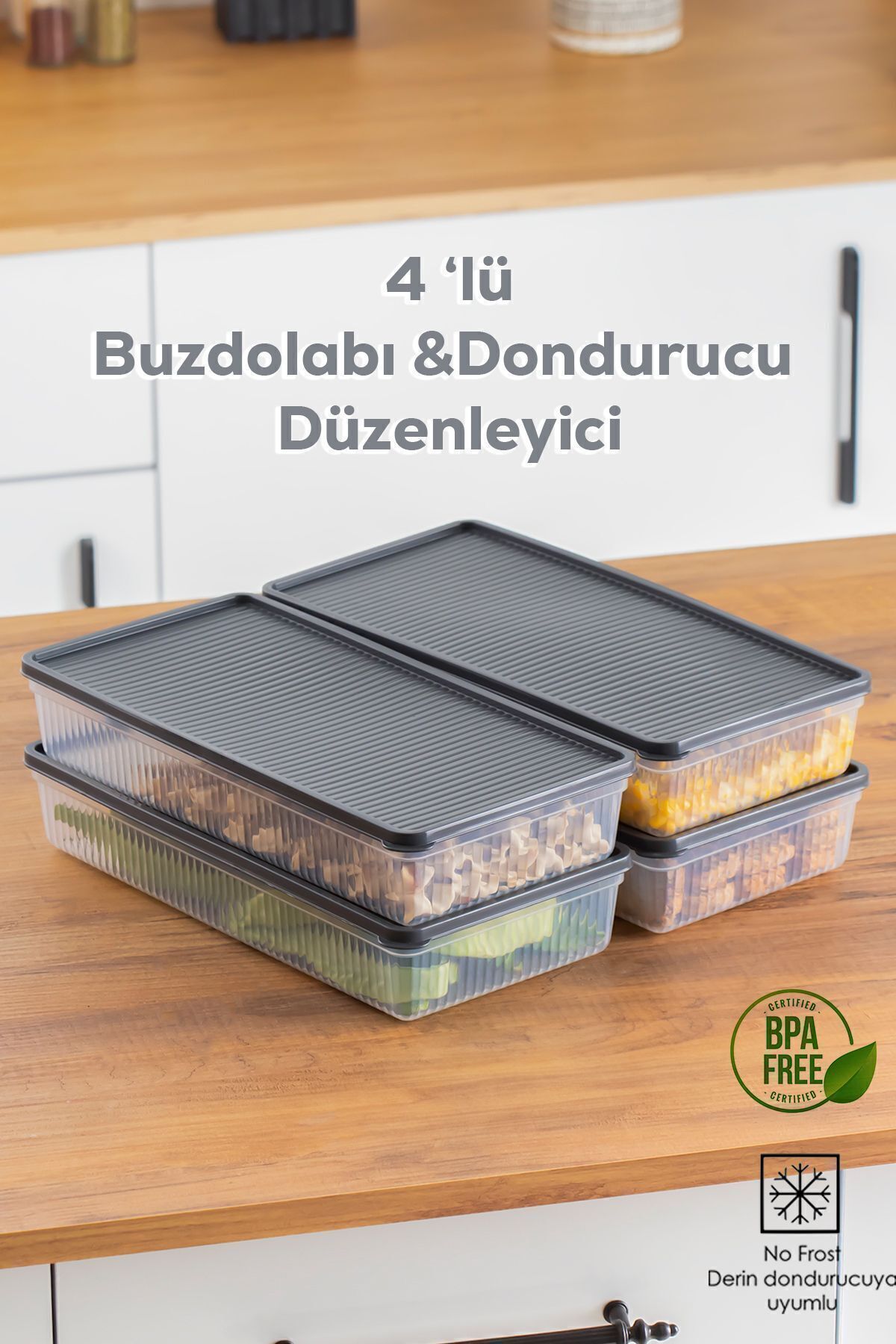 Porsima 1101 4'lü Buzdolabı Düzenleyici Difriz-mikrodalga Uyumlu Buzluk Saklama Kabı Seti Antrasit - 2 Lt