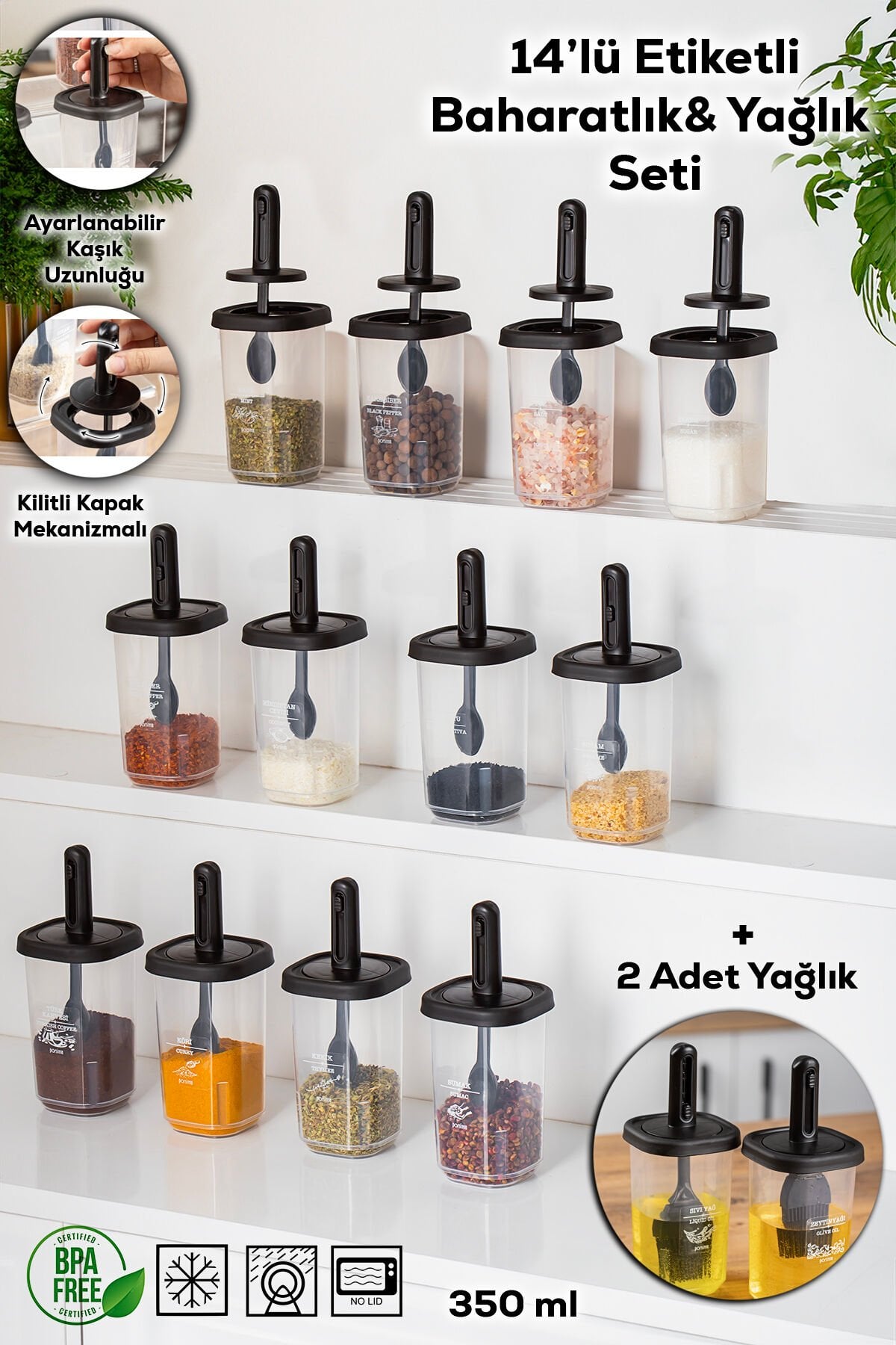 Porsima 1102 14lü Kaydırmalı Kendinden Kaşıklı Sızdırmaz Kapaklı Etiketli Baharatlık Seti - Saklama Kabı