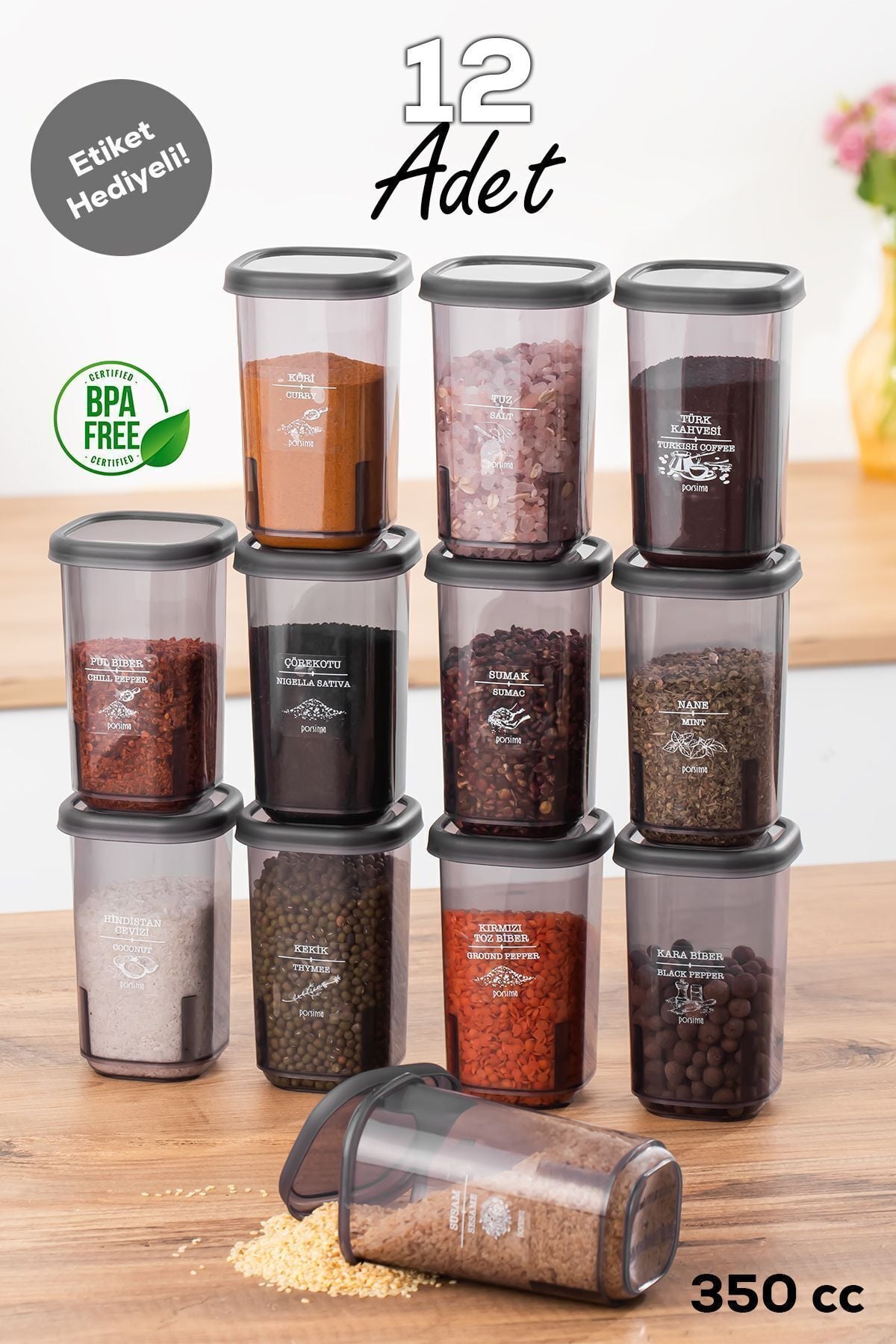 Porsima 1107 12'li Hava Almaz Kapaklı Sızdırmaz Kapaklı Etiketli Baharatlık Seti - Erzak Saklama Kabı Seti