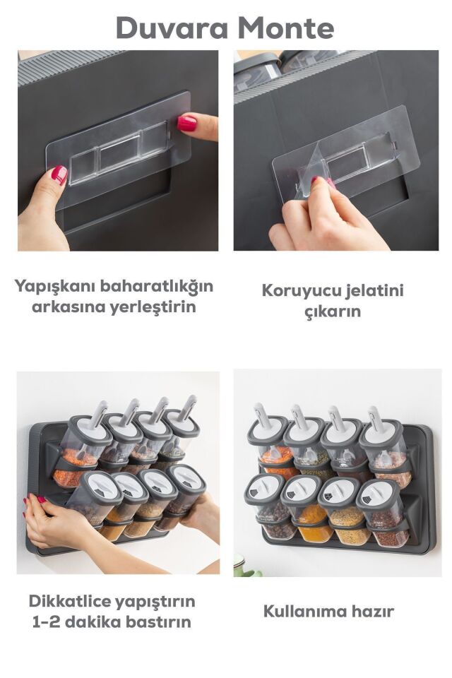 Porsima 1117 8li Etiketli Asmalı Kendinden Yapışkanlı Tezgah Üstü Standlı Döner Kapaklı Baharatlık Seti