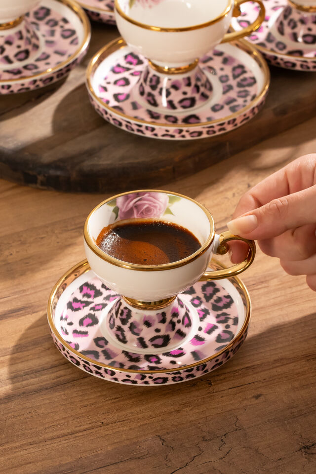 Porsima 2005 12 Parça Yaldızlı Porselen Türk Kahve Fincan Takımı - Gül Motifli Kahve Fincan Seti - 90ml
