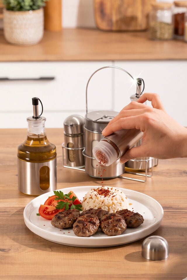 Porsima BY006 Canister 6 Parça Yağlık Baharatlık Seti - Paslanmaz Çelik Cam Baharatlık Yağdanlık Seti