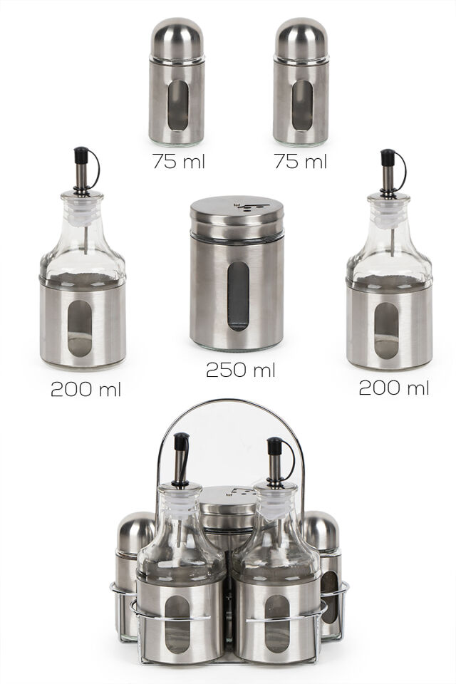 Porsima BY006 Canister 6 Parça Yağlık Baharatlık Seti - Paslanmaz Çelik Cam Baharatlık Yağdanlık Seti