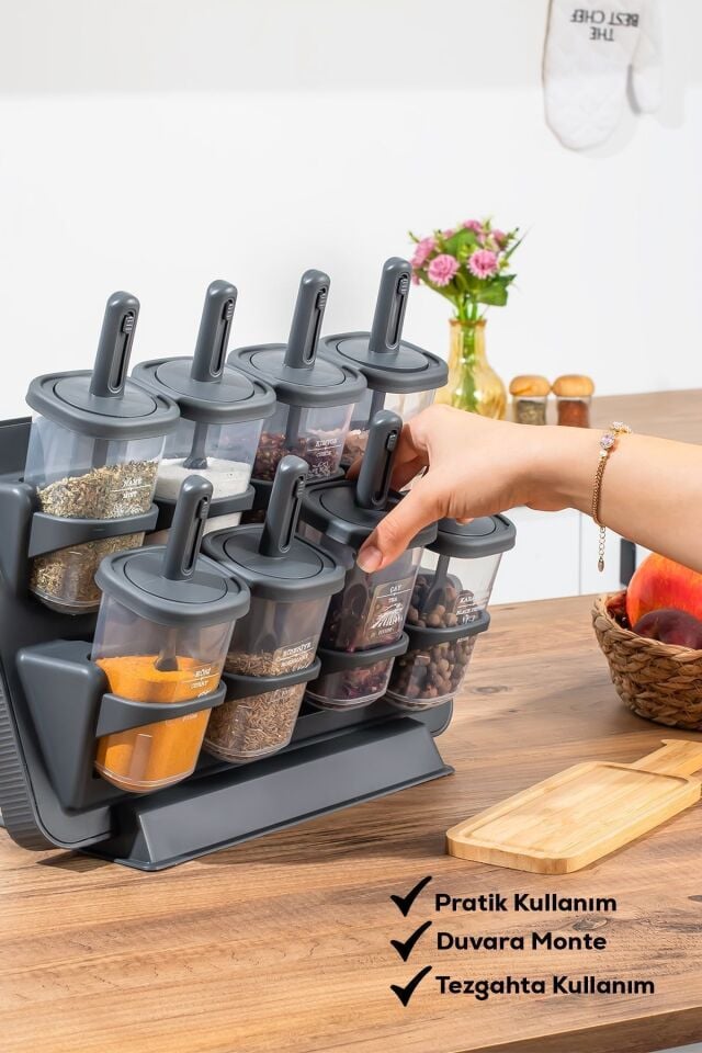Porsima 1124 8li Tezgah Üstü Asmalı Standlı Kaydırmalı Kaşıklı Kapaklı Etiketli Yapışkanlı Baharatlık Seti
