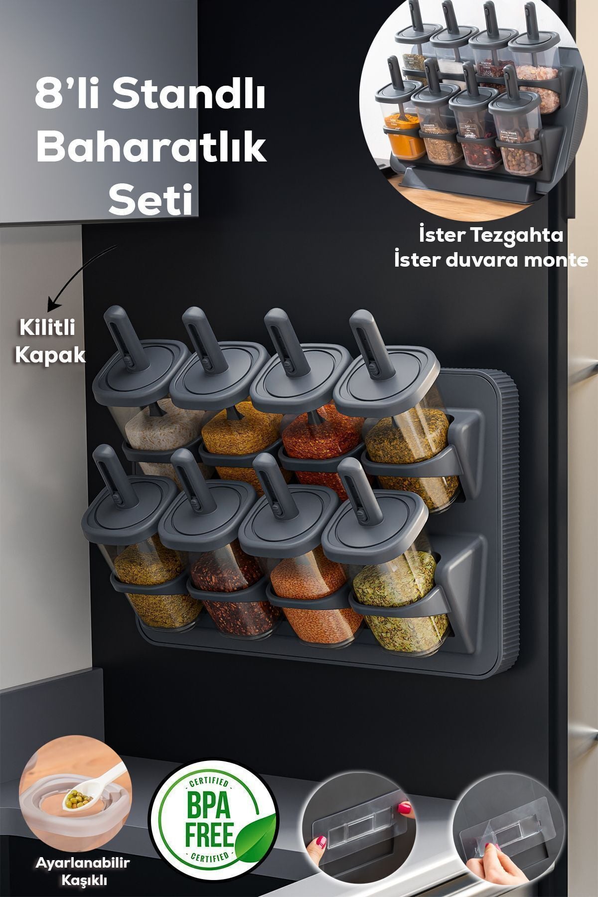 Porsima 1124 8li Tezgah Üstü Asmalı Standlı Kaydırmalı Kaşıklı Kapaklı Etiketli Yapışkanlı Baharatlık Seti