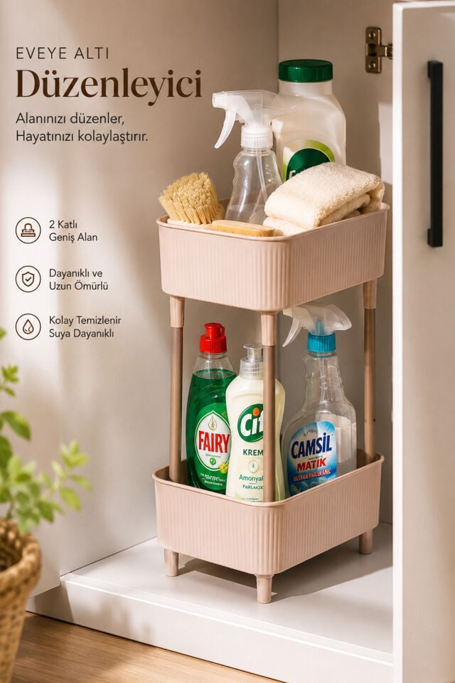 Porsima 1130 İki Katlı Raf - Çok Amaçlı 2 Katlı Evye Altı Düzenleyici Dolap Içi Tezgah Altı Organizer Cappuccino