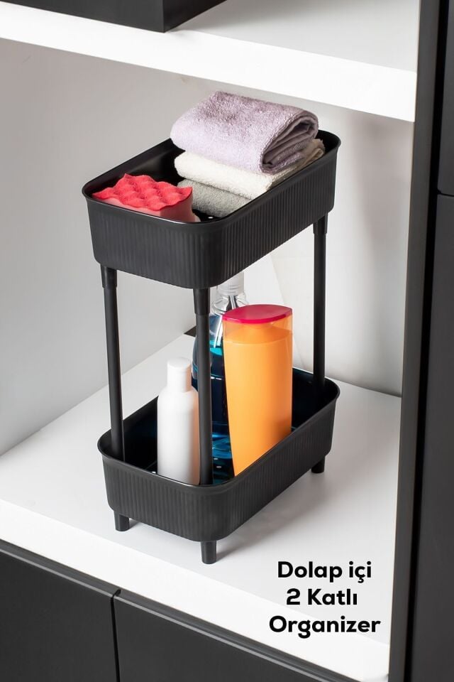 Porsima 1131 İki Katlı Raf - Çok Amaçlı 2 Katlı Evye Altı Düzenleyici Dolap Içi Tezgah Altı Organizer Siyah