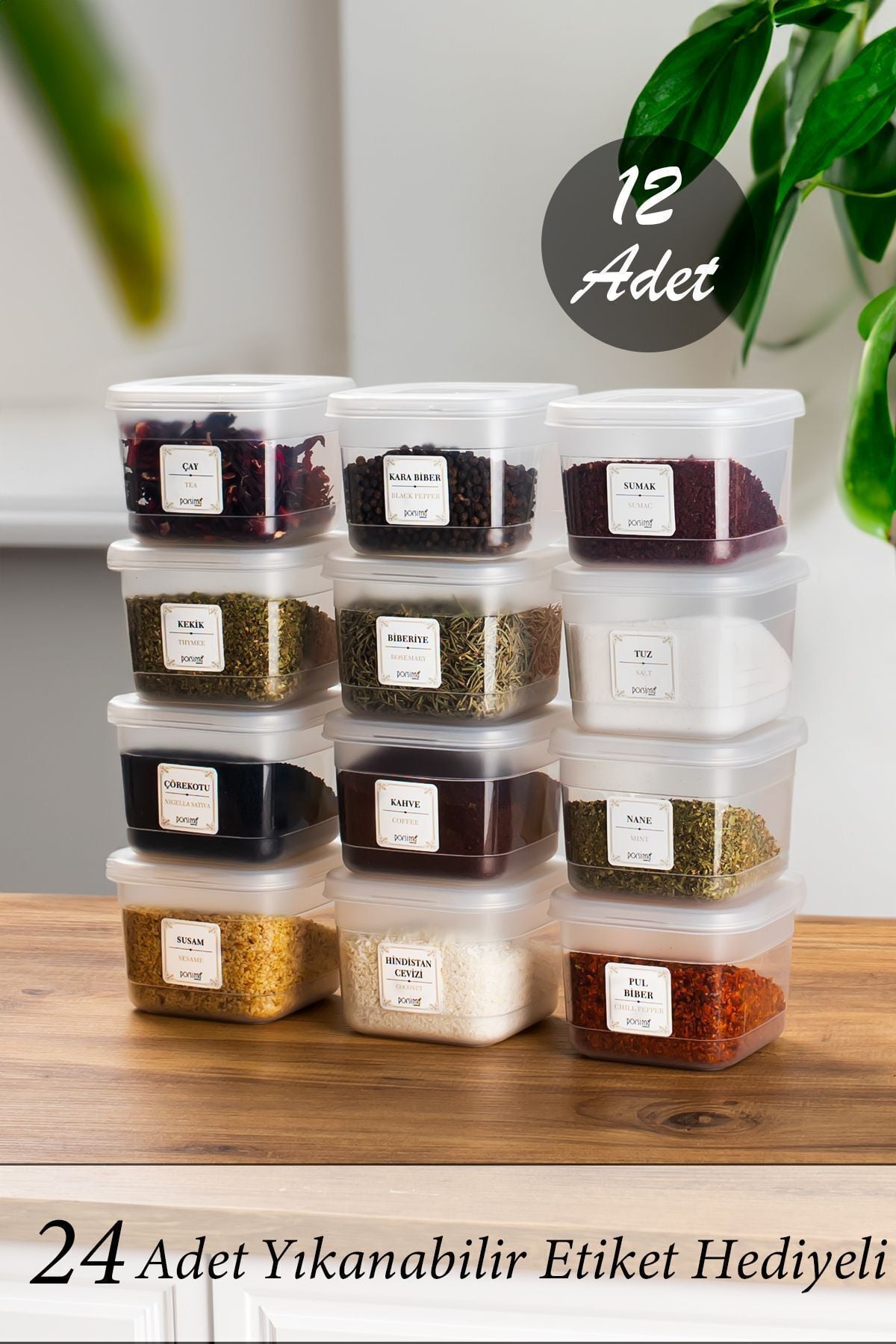 Porsima Org-430 12li Etiketli Baharatlık - Bakliyat Saklama Kabı - Erzak Saklama Kabı Seti Şeffaf 600 ml