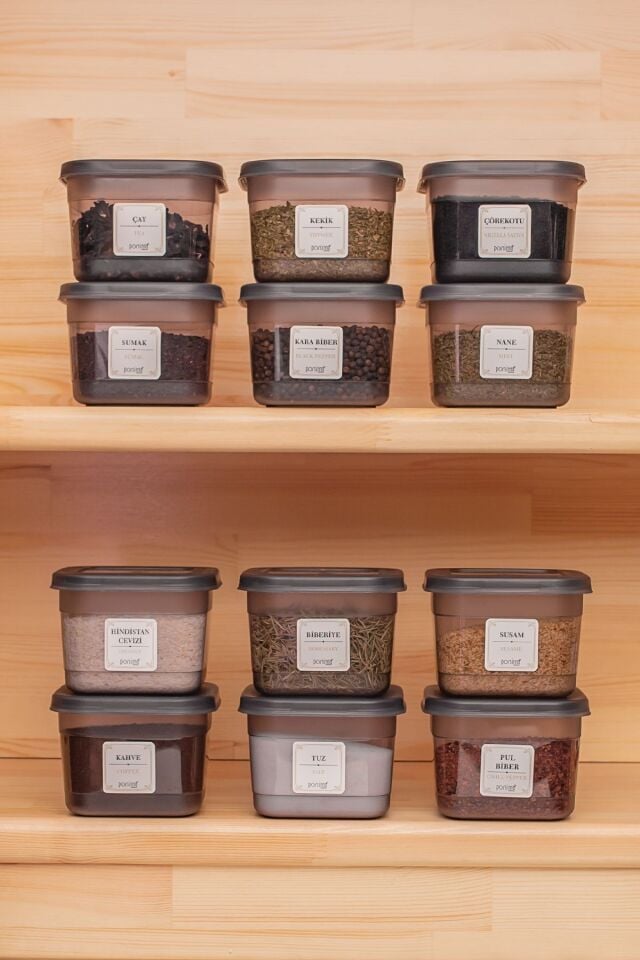 Porsima Org-430-Gr 12li Etiketli Kare Baharatlık Bakliyat Erzak Saklama Kabı Seti Siyah 600 ml