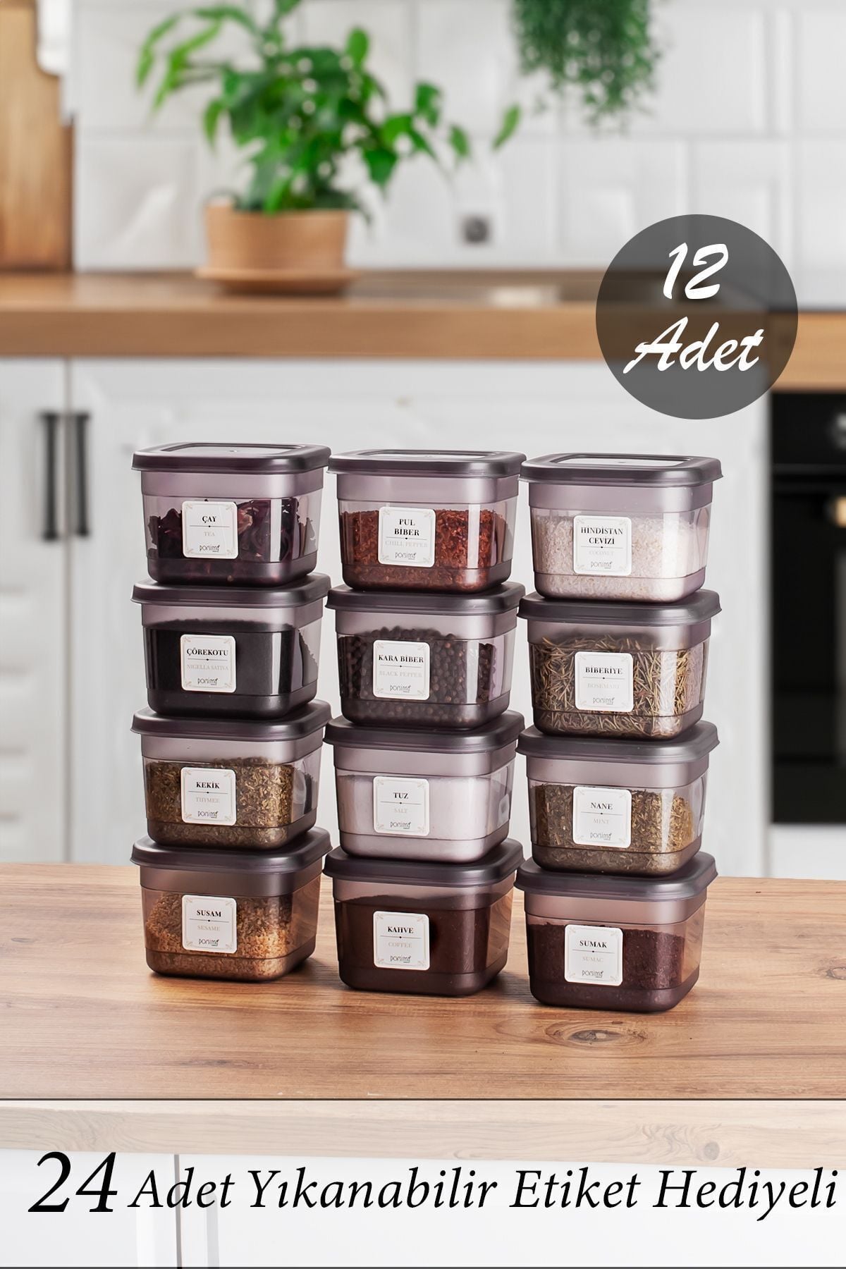 Porsima Org-430-Gr 12li Etiketli Kare Baharatlık Bakliyat Erzak Saklama Kabı Seti Siyah 600 ml