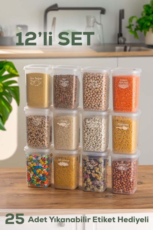 Porsima 431-12 12 Li Etiketli Kare Saklama Kabı Un Gıda Erzak Bakliyat Saklama Kabı - 1,30 Lt Şeffaf