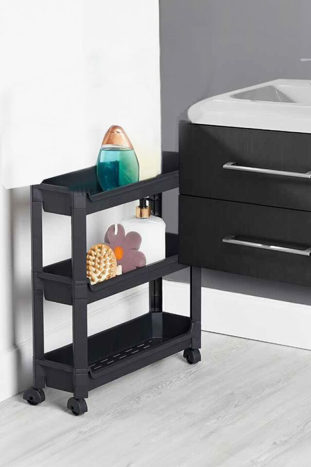 Porsima ORG-65-ECO Tekerlekli Raf Ünitesi-Çok Amaçlı Düzenleyici Raf-Banyo Mutfak Rafı-3 Katlı Siyah