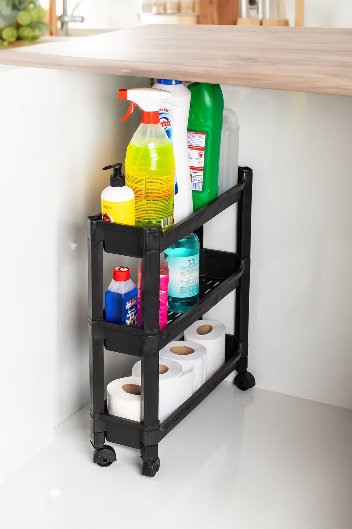 Porsima ORG-65-ECO Tekerlekli Raf Ünitesi-Çok Amaçlı Düzenleyici Raf-Banyo Mutfak Rafı-3 Katlı Siyah