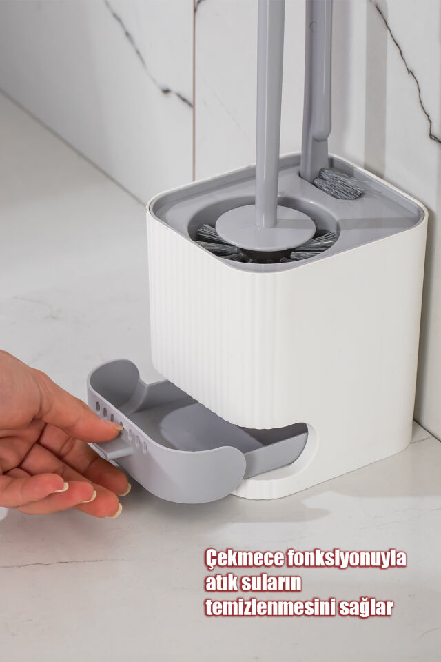 Porsima 2li Banyo Seti Yapışkanlı Banyo Tuvalet Kağıtlığı Tuvalet Fırçası Peçetelik Tuvalet Fırçalığı Beyaz Gri