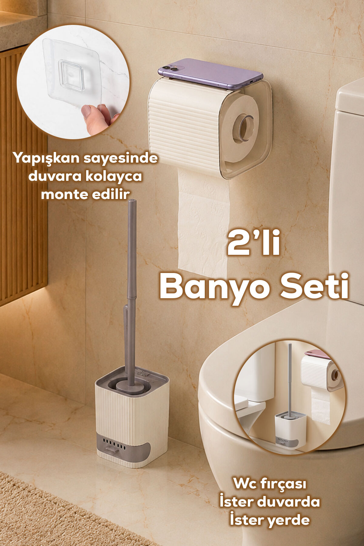 Porsima 2li Banyo Seti Yapışkanlı Banyo Tuvalet Kağıtlığı Tuvalet Fırçası Peçetelik Tuvalet Fırçalığı Beyaz Gri