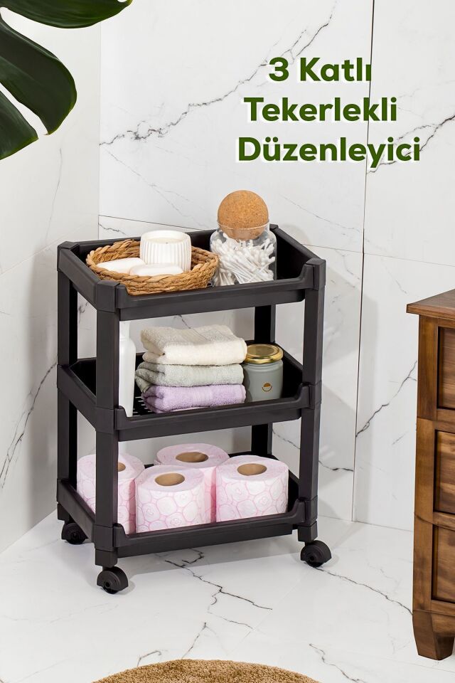 Porsima Rafty-73-eco-1 Tekerlekli 3 Katlı Düzenleyici- Banyo Mutfak Organizer Raf - 35,5 X 22 X 48 Cm- Siyah
