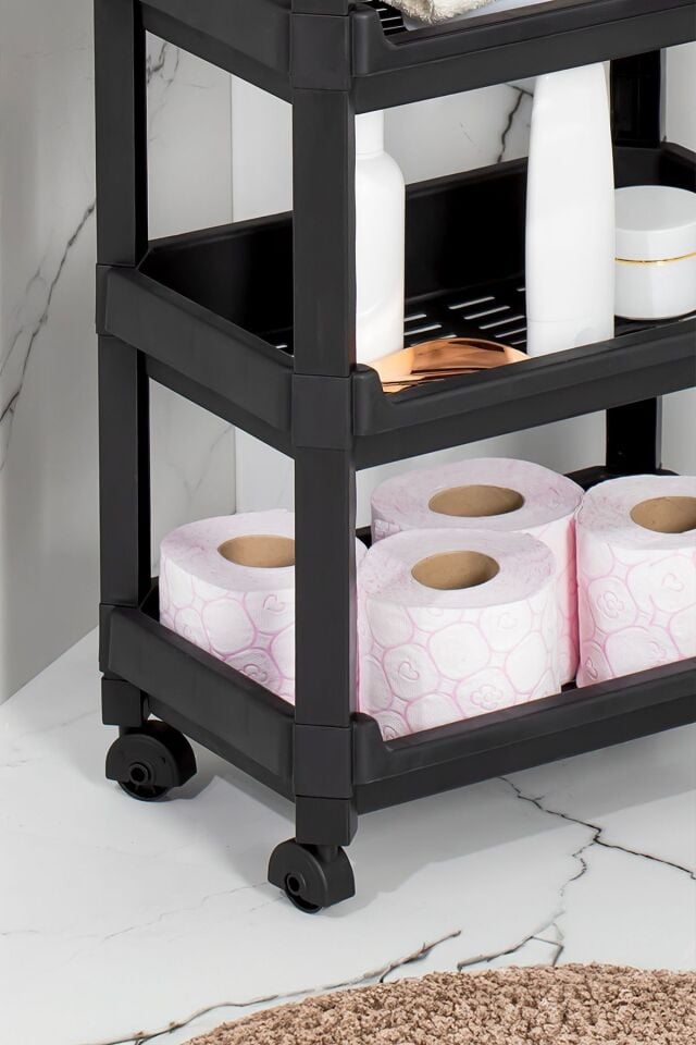 Porsima Rafty-73-eco-1 Tekerlekli 3 Katlı Düzenleyici- Banyo Mutfak Organizer Raf - 35,5 X 22 X 48 Cm- Siyah