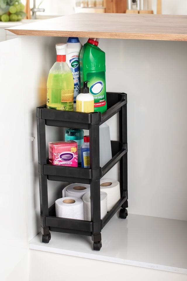 Porsima Rafty-73-eco-1 Tekerlekli 3 Katlı Düzenleyici- Banyo Mutfak Organizer Raf - 35,5 X 22 X 48 Cm- Siyah
