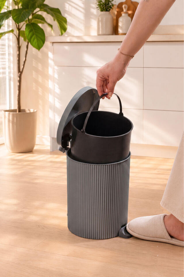 Porsima 0709 Stil 3lü Yuvarlak Pedallı İçi Kovalı Çöp Kovası Seti - Banyo Mutfak Çöp Kovası Takımı Antrasit