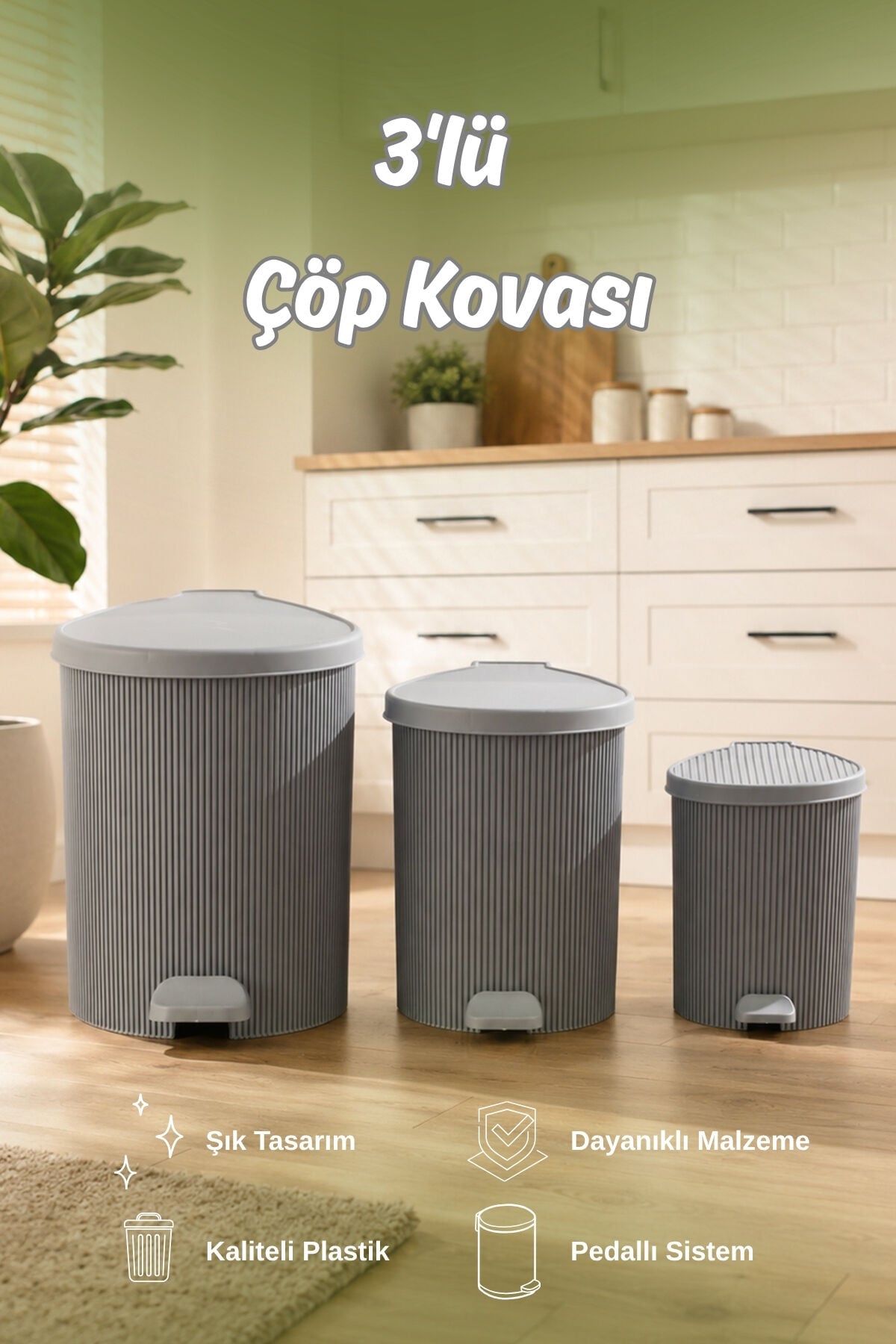 Porsima 0709 Stil 3lü Yuvarlak Pedallı İçi Kovalı Çöp Kovası Seti - Banyo Mutfak Çöp Kovası Takımı Antrasit