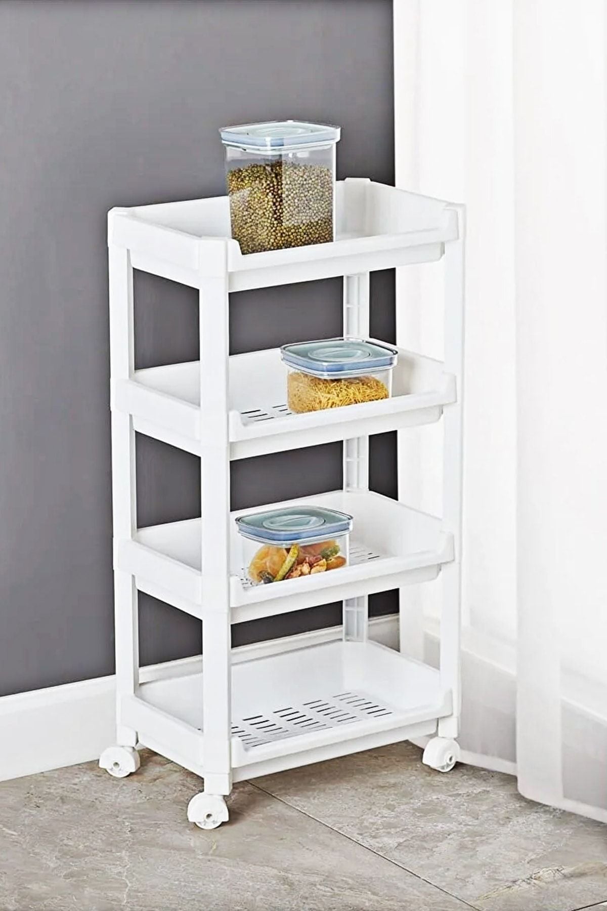 Porsima Org-74 Tekerlekli Raf Ünitesi 4 Katlı Çok Amaçlı Raf Düzenleyici Raf Banyo Mutfak Rafı