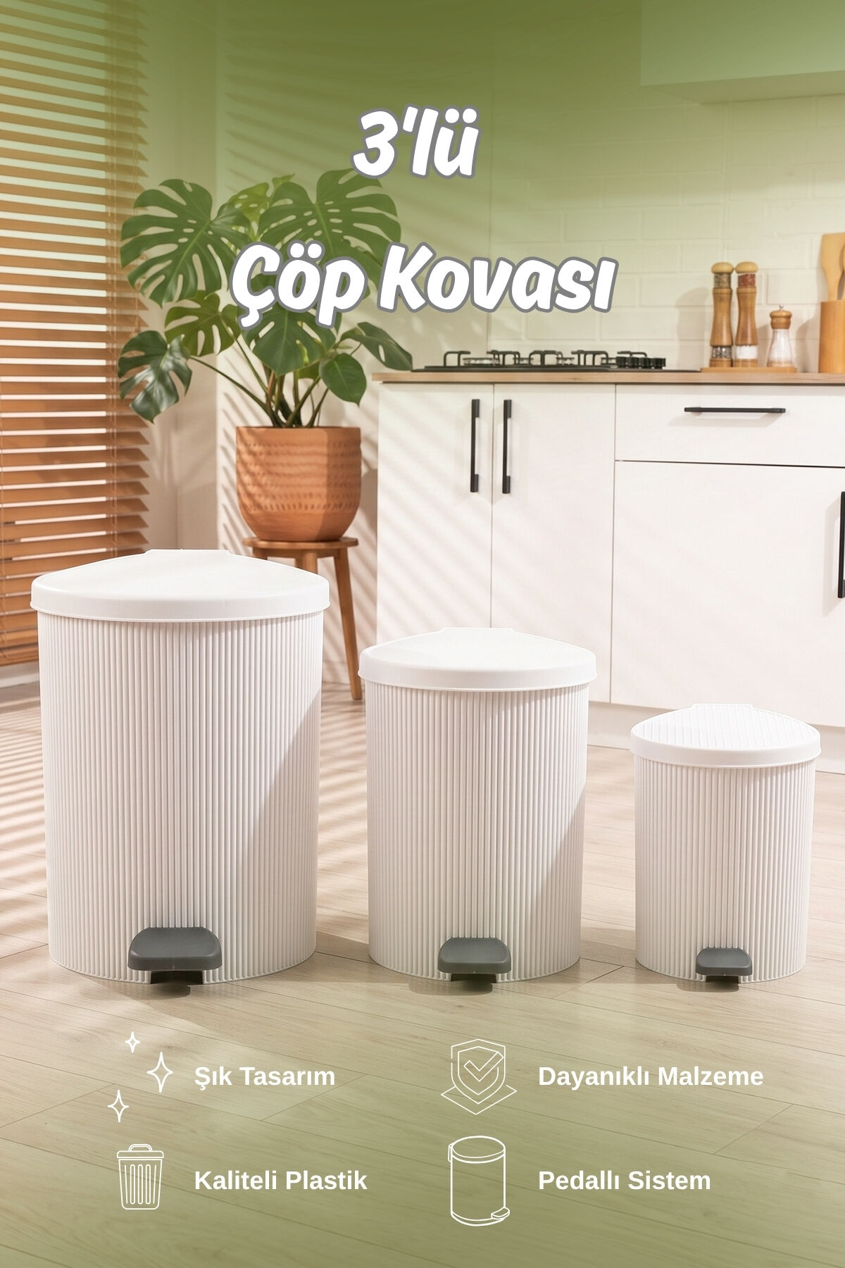 Porsima 0709-1 Stil 3lü Yuvarlak Pedallı İçi Kovalı Çöp Kovası Seti - Banyo Mutfak Çöp Kovası Takımı Beyaz