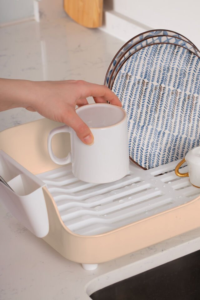 Porsima AKL-060 Lüks Tabaklık Bulaşıklık-Yönlendirilebilir Su Akıtma Kanallı Bulaşık Sepeti Bej