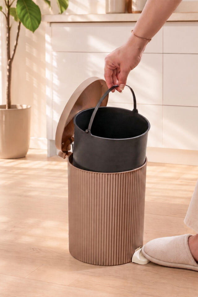 Porsima 0709-2 Stil 3lü Yuvarlak Pedallı İçi Kovalı Çöp Kovası Seti - Banyo Mutfak Çöp Kovası Takımı Mokka