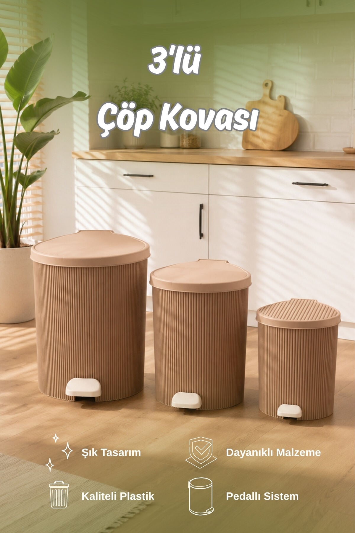Porsima 0709-2 Stil 3lü Yuvarlak Pedallı İçi Kovalı Çöp Kovası Seti - Banyo Mutfak Çöp Kovası Takımı Mokka