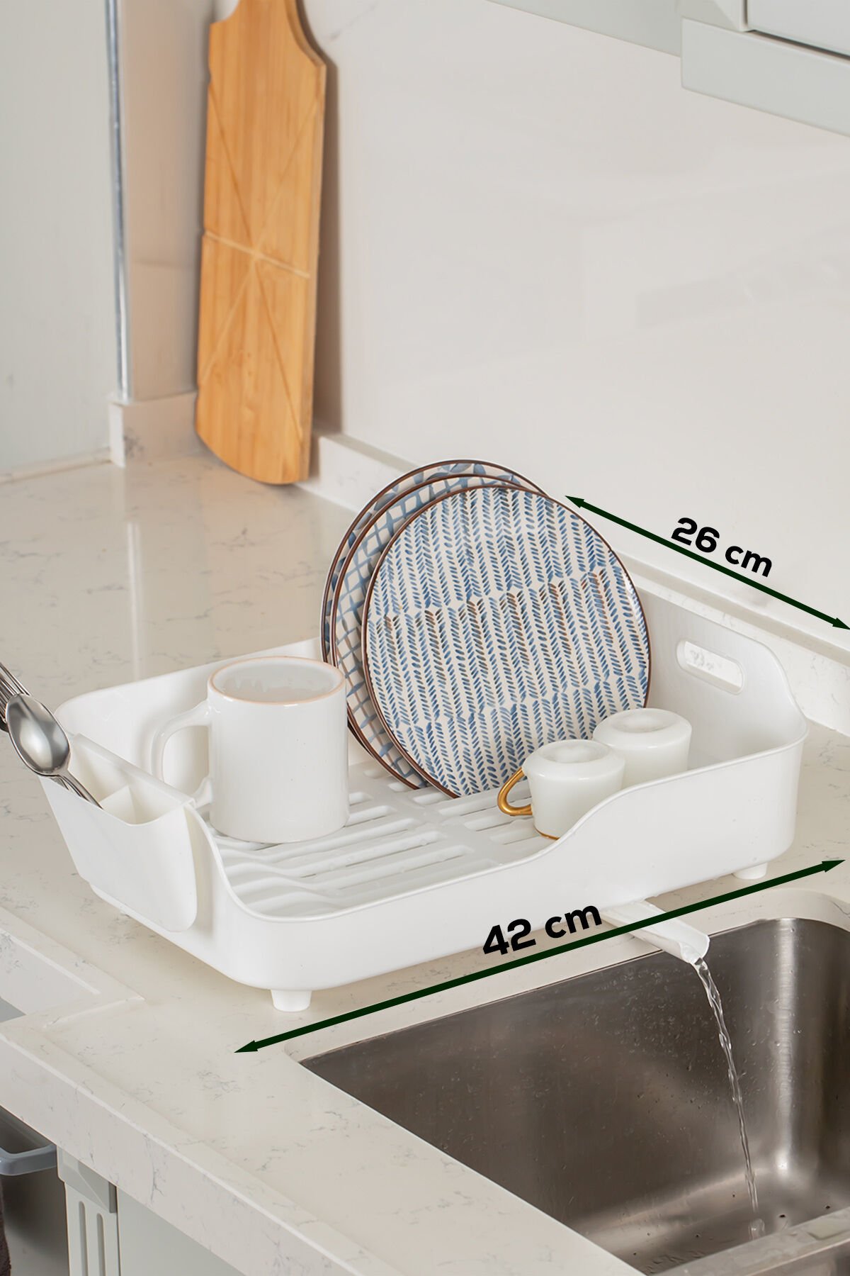 Porsima AKL-060 Lüks Tabaklık Bulaşıklık-Yönlendirilebilir Su Akıtma Kanallı Bulaşık Sepeti Beyaz