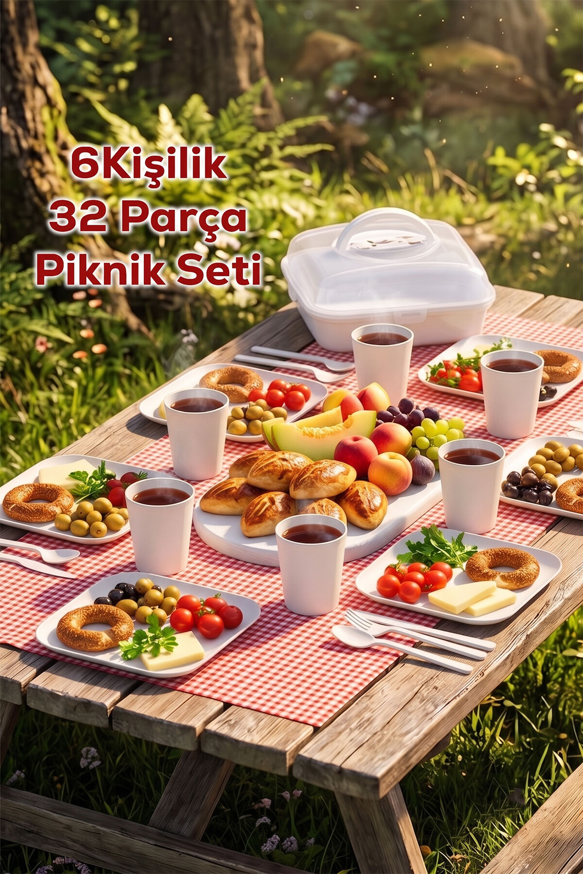 Porsima 0039-2 Karizma 32 Parça 6 Kişilik Pratik Taşınabilir Piknik Seti - Saklama Kutulu Piknik Sepeti Beyaz