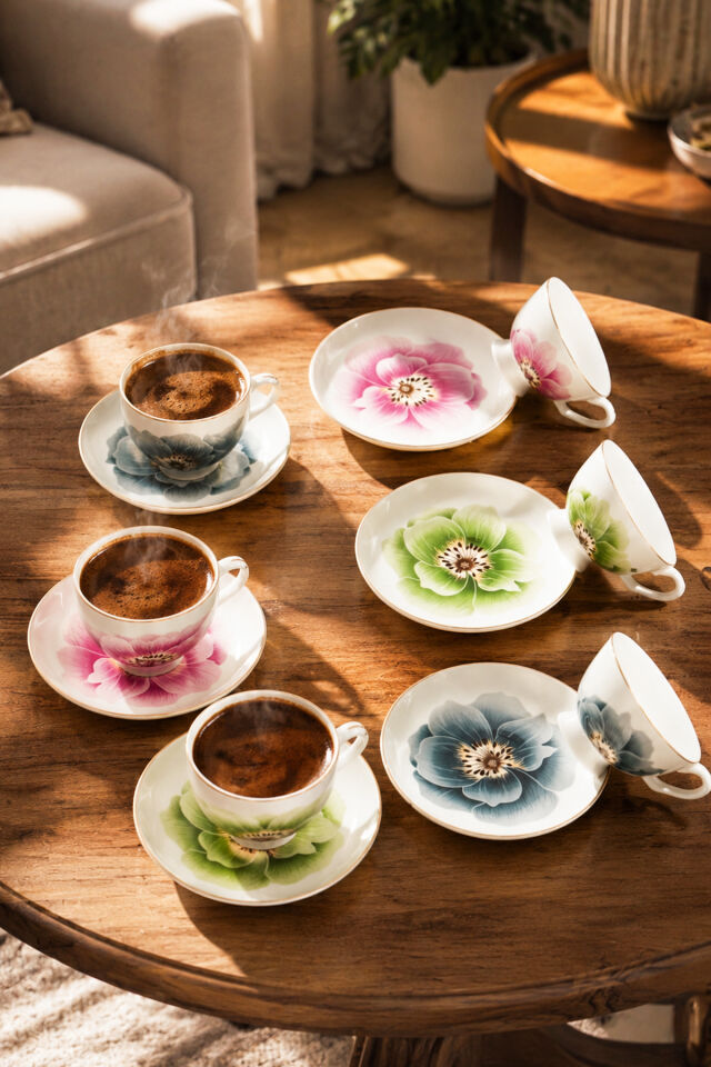 Porsima GC57-2442 12 Parça Yaldızlı Porselen Türk Kahve Fincan Takımı - Mix Kahve Fincan Seti - 100ml